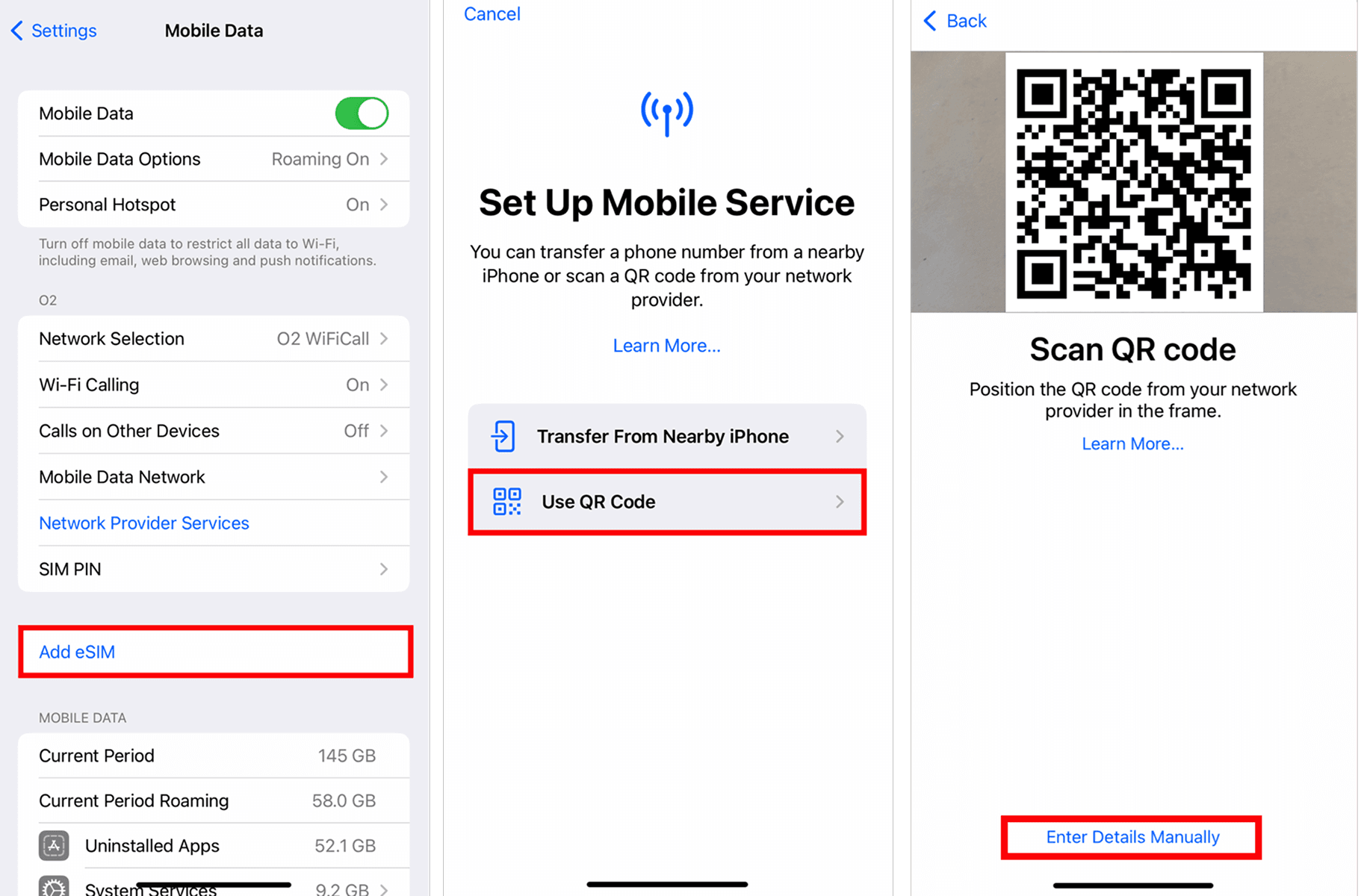 Manual Step 2 - Add eSIM, Use QR Code, Enter Details Manually